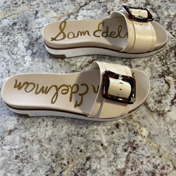Sam Edelman Cream Slide Sandals with Tortoise Accent - Picture 2 of 6